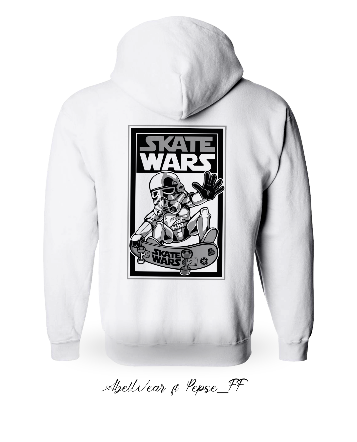 White hoodie with 'Skate Wars' graphic on the back against a white background