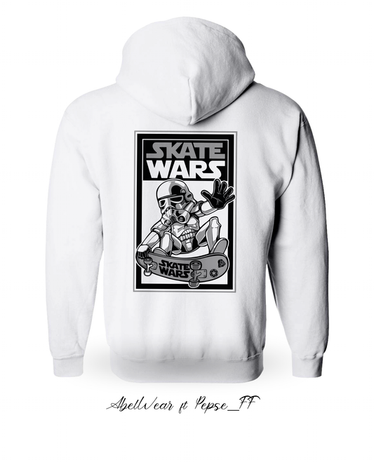 White hoodie with 'Skate Wars' graphic on the back against a white background